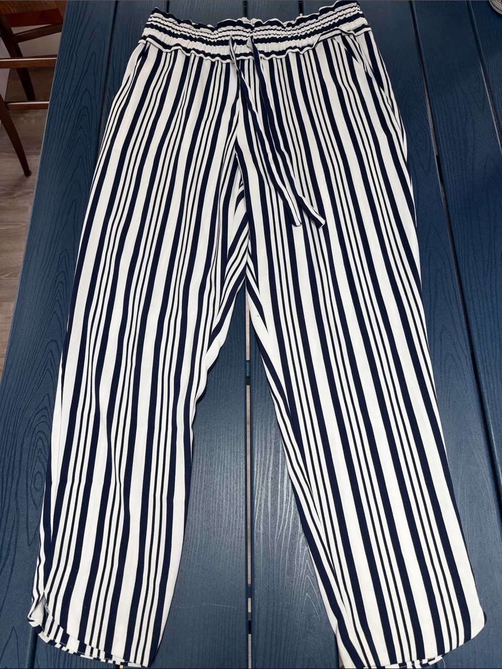 Zara Women’s Navy and White Striped Drawstring Pants